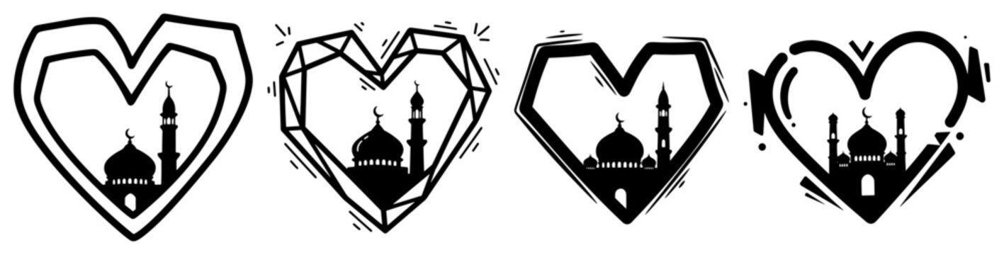 Islamic mosque silhouette inside heart shapes set for ramadan and eid in graphic style