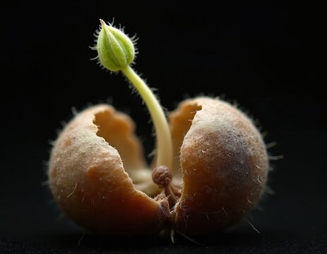 Macro photo of seed germinating. Tiny green sprout emerges from cracked seed shell. Concept of new life, growth and beginnings in nature. Dark background.