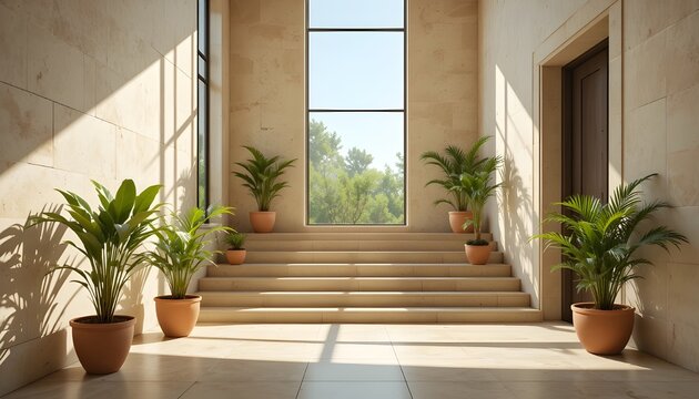  Modern stair landing with floor-to-ceiling window, ceramic tile flooring, potted plants in terracotta and ceramic pots, strong sunlight creating crisp shadows, late morning ambiance, warm beige and c