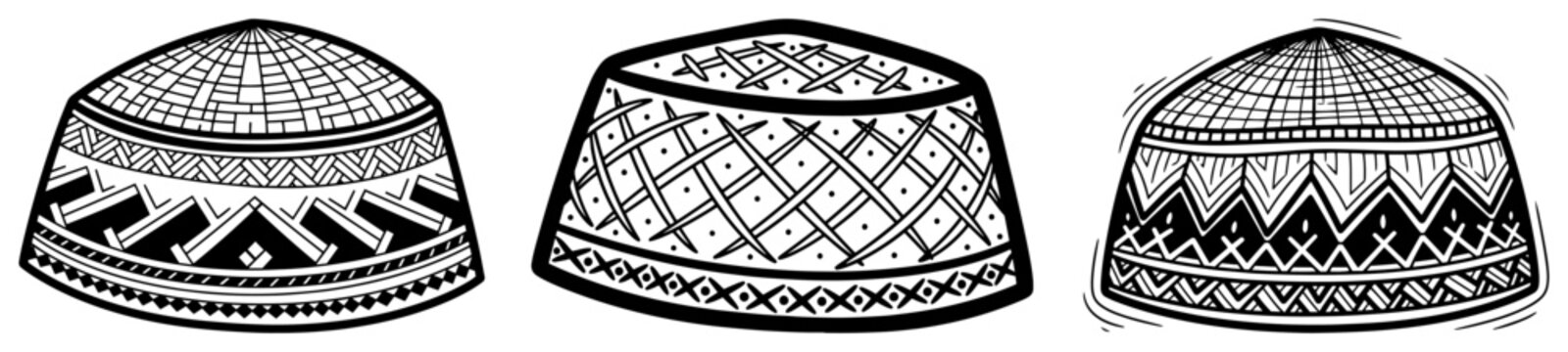 Muslim prayer caps set with traditional patterns and embroidery in hand drawn style