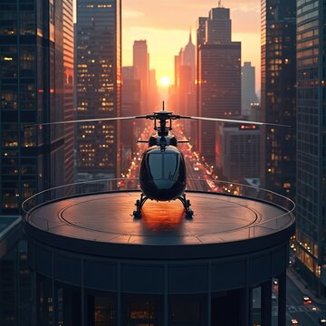 Black helicopter rests on city rooftop helipad. Tall buildings surround, sunset glows over urban skyline. Traffic lights blur on street below. Aviation transport awaits.
