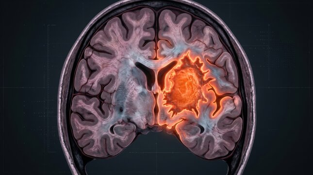Coronal MRI scan showing a brain tumor with surrounding edema and inflammation