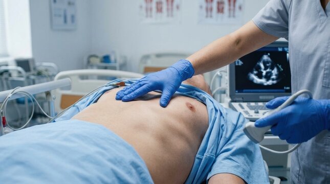 Doctor performing echocardiogram on patient in hospital room