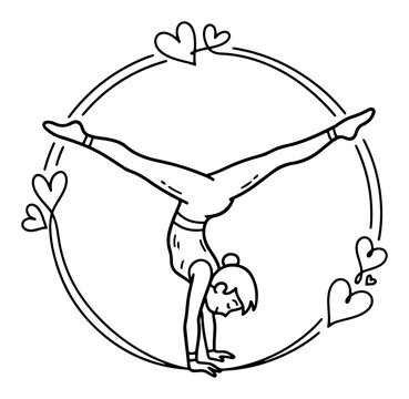 Female gymnast performing handstand split inside heart circle frame in minimalist line art style