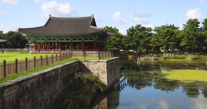 Gyeongju, South Korea, view of Donggung Palace and Wolji Pond in a sunny day, North Gyeongsang Province, Gyeongju city, Silla dinasty traditional Korean hanok architecture, Yeongnam region