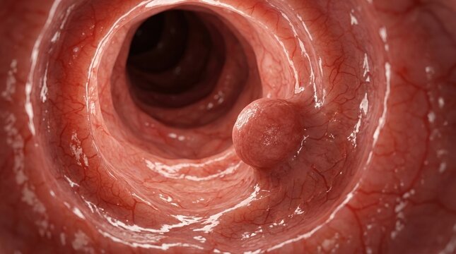 Close-up view of a polyp growing inside the colon, a common medical condition