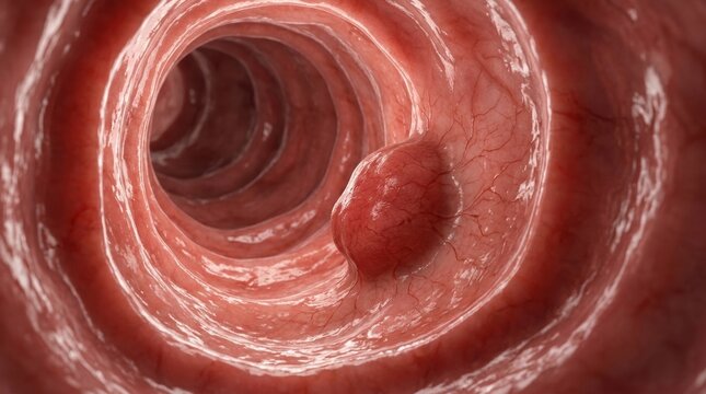Close-up view inside the colon showing a polyp growth on the intestinal wall