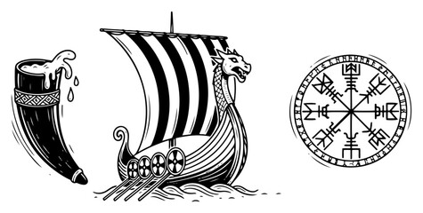 Viking longship drinking horn and runic compass symbols in vintage engraving style © Logan