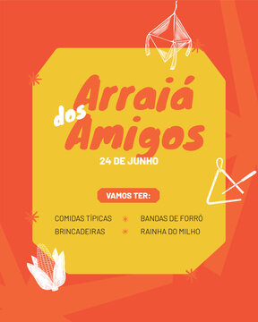 sao jo&atilde;o invitation template with traditional games and typical food for festa junina social media