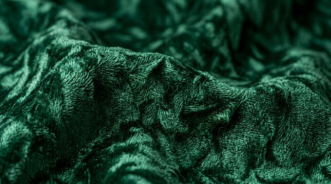 A close-up view of a luxurious dark green velvet fabric with a soft and smooth texture