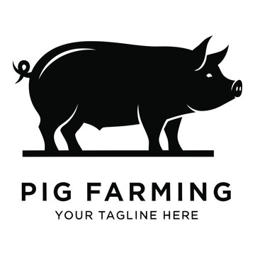 Black silhouette pig farming logo with text on white background icon