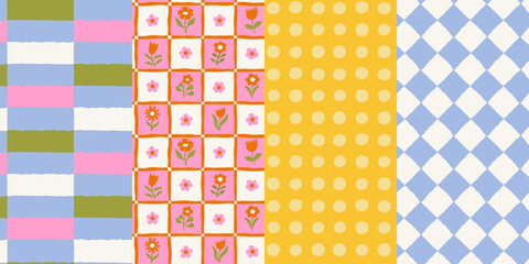 Obraz premium Vector set of hand drawn seamless pattern in simple doodle sketchy floral wavy and groovy naive style, dopamine and cottage core aesthetic, delicate gentle girlie backgrounds