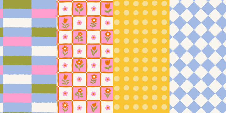 Vector set of hand drawn seamless pattern in simple doodle sketchy floral wavy and groovy naive style, dopamine and cottage core aesthetic, delicate gentle girlie backgrounds