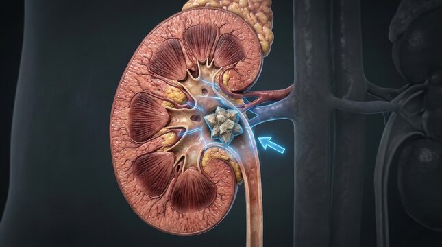 3D medical illustration of a kidney stone blocking the ureter and causing pain