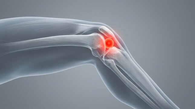 Anatomical illustration of a painful knee joint with highlighted inflammation