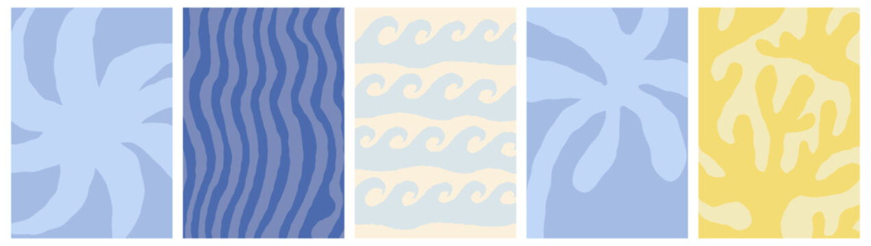 Vector abstract hand drawn sketch naive art style templates, art prints with minimal shapes in wavy ink rough hand drawn naive style, summer beach vacation prints backgrounds