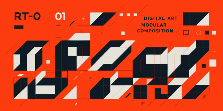 Abstract geometric composition with bold typography and a vibrant orange background