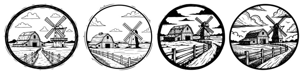 Farm landscape scenes with windmills and barns in a vintage circle black and white vector style © Logan