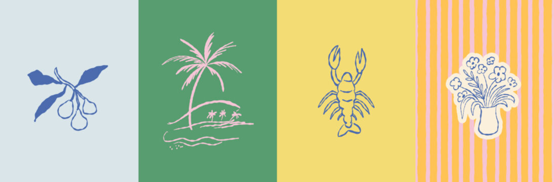 Vector hand drawn sketch doodle illustrations in naive art style, summer sea and beach vacation theme, stickers and drawing for  tropical coastal prints