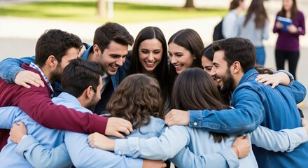 Fototapeta premium Diverse Group of Young Adults Smiling Together in Outdoor Circle During Daytime Team Building Activity