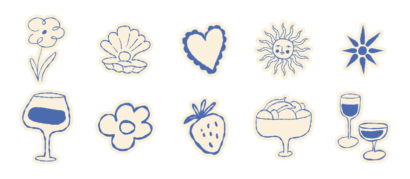 Vector hand drawn sketch doodle illustrations in naive art style, summer sea and beach vacation theme, stickers and drawing for  tropical coastal prints, posters and banners, seashell, sun, wine glass