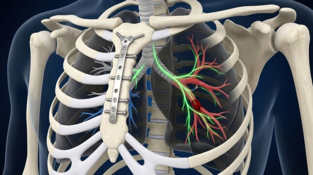Medical illustration of a human chest with a fractured sternum repaired with surgical plates