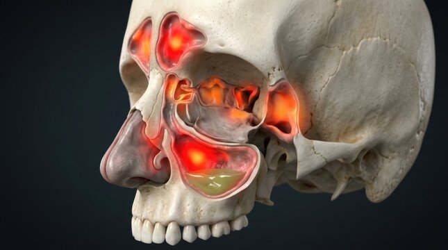 3D illustration of inflamed human sinuses showing infection and fluid buildup
