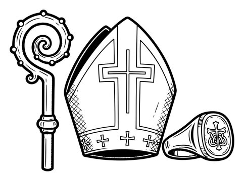 Bishop mitre crosier and episcopal ring symbols in vintage engraving style