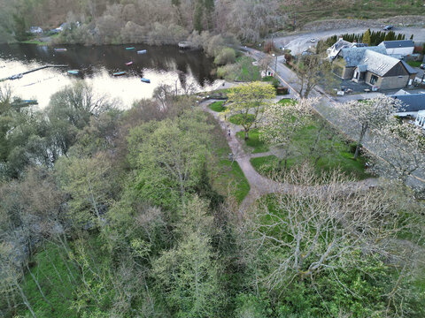 April 19th, 2026. Aerial View of Balmaha Valley Glasgow Landscape During Sunset Time. The village is a popular tourist destination for picnickers and day trippers from Glasgow