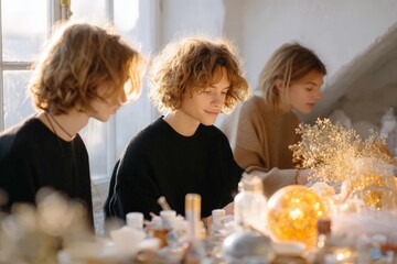 Naklejka premium Creative women crafting cosmetics in cozy studio