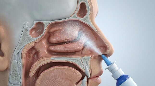 Close-up 3D illustration of nasal spray being administered into the human nasal cavity
