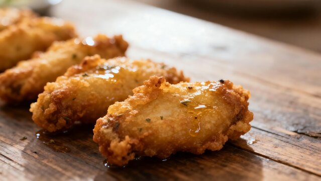 Fried chicken wings on wooden surface