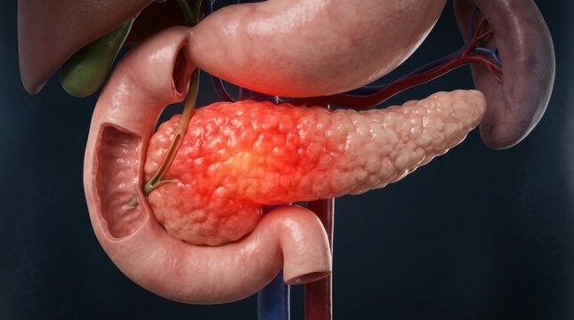 Close-up view of inflamed pancreas and surrounding digestive organs