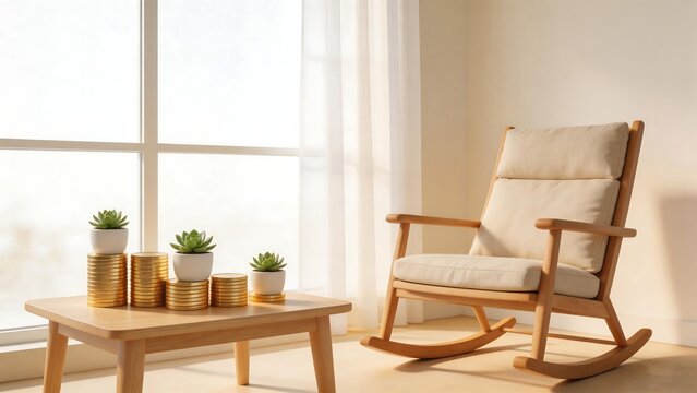 Wooden rocking chair and potted plants