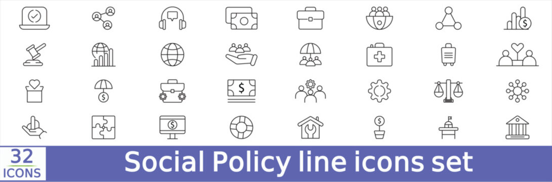   Social Policy line icons set with editable stroke. Containing legislation, social services, welfare, government, health care, education, society and more. Vector