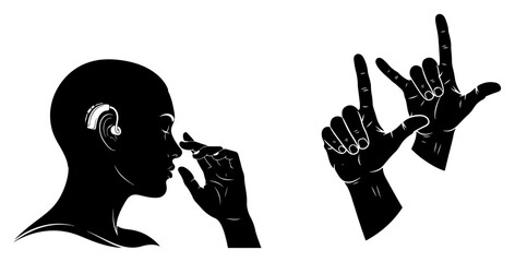 Person with hearing aid and sign language hands silhouette © Logan