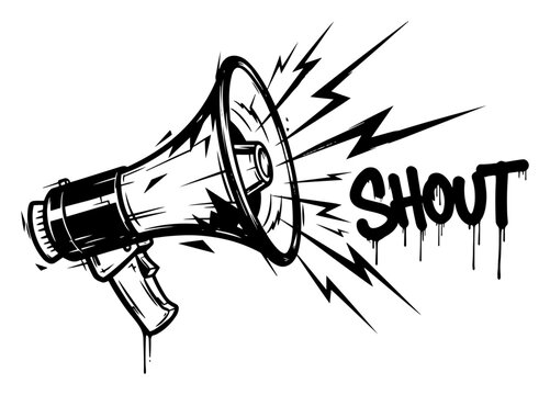 Megaphone with sound waves and shout text in urban graffiti style