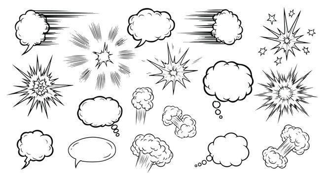 Comic book speech bubbles and explosion effects set, vintage pop art cloud bubbles, black and white hand drawn action elements for manga