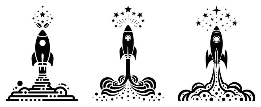 Rocket launch icons set with stars and stylized smoke clouds in flat graphic style