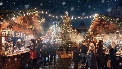 Fototapeta premium People gather around stalls at a festive Christmas market on a snowy night