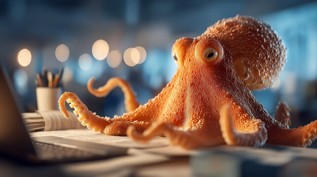 Orange Octopus Multitasking at Office Desk with Eight Tentacles &ndash; Whimsical Multitasking Business Concept

