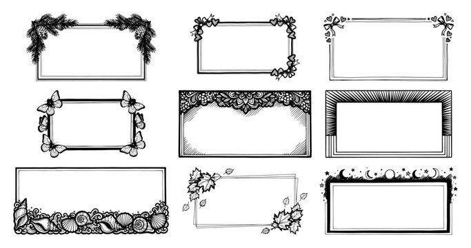 Decorative rectangular frames set with nature floral and seasonal motifs in hand drawn ink style