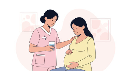Obraz premium Nurse comforting pregnant woman, offering water, healthcare support during pregnancy