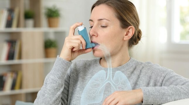 Woman using an inhaler for asthma relief with a visual representation of lungs