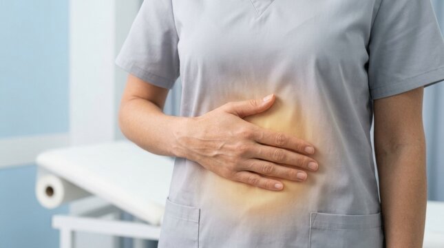 Person holding stomach with glowing pain area, medical examination concept