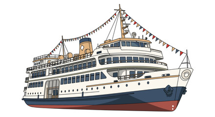 Obraz premium Large passenger cruise ship decorated with colorful flags cruises across the sea providing a luxury vacation for travelers.