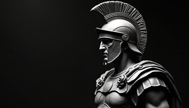 Roman soldier bust in helmet armor profile. Ancient warrior stands strong, wearing protective gear, facing left. Military figure in grayscale, dramatic lighting, dark backdrop.