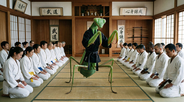 A giant, highly detailed praying mantis acting as a strict martial arts instructor in a dojo full of human students