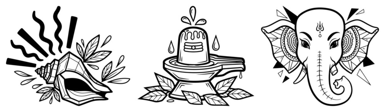 Hindu symbols set featuring Lord Ganesha Shiva Lingam and sacred conch shell in hand drawn line art style