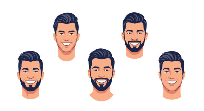 Five male headshot illustrations showcasing different modern hairstyles and groomed beard styles with happy expressions.